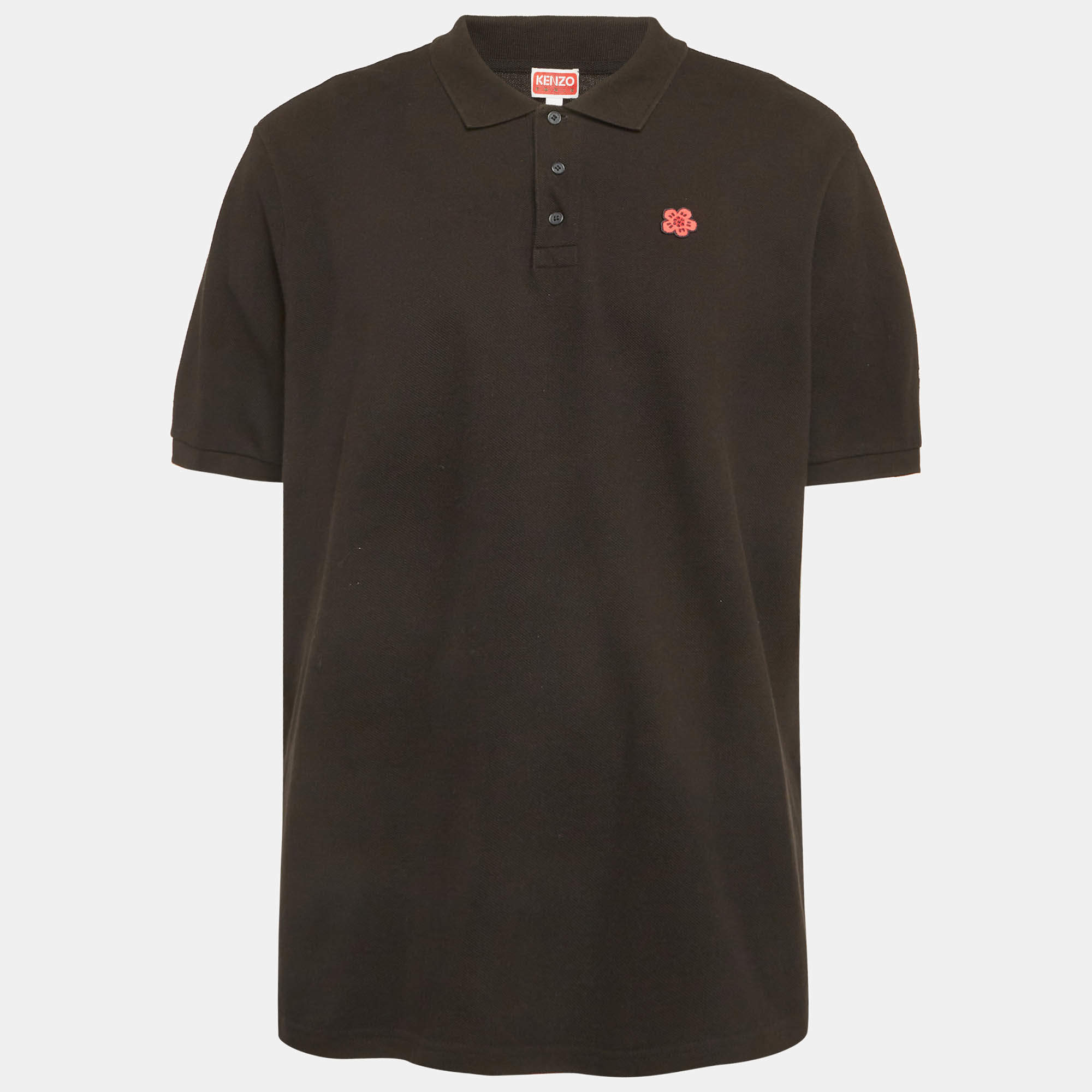 Pre Owned Kenzo Black Flower Patch Pique Polo T-Shirt XXL