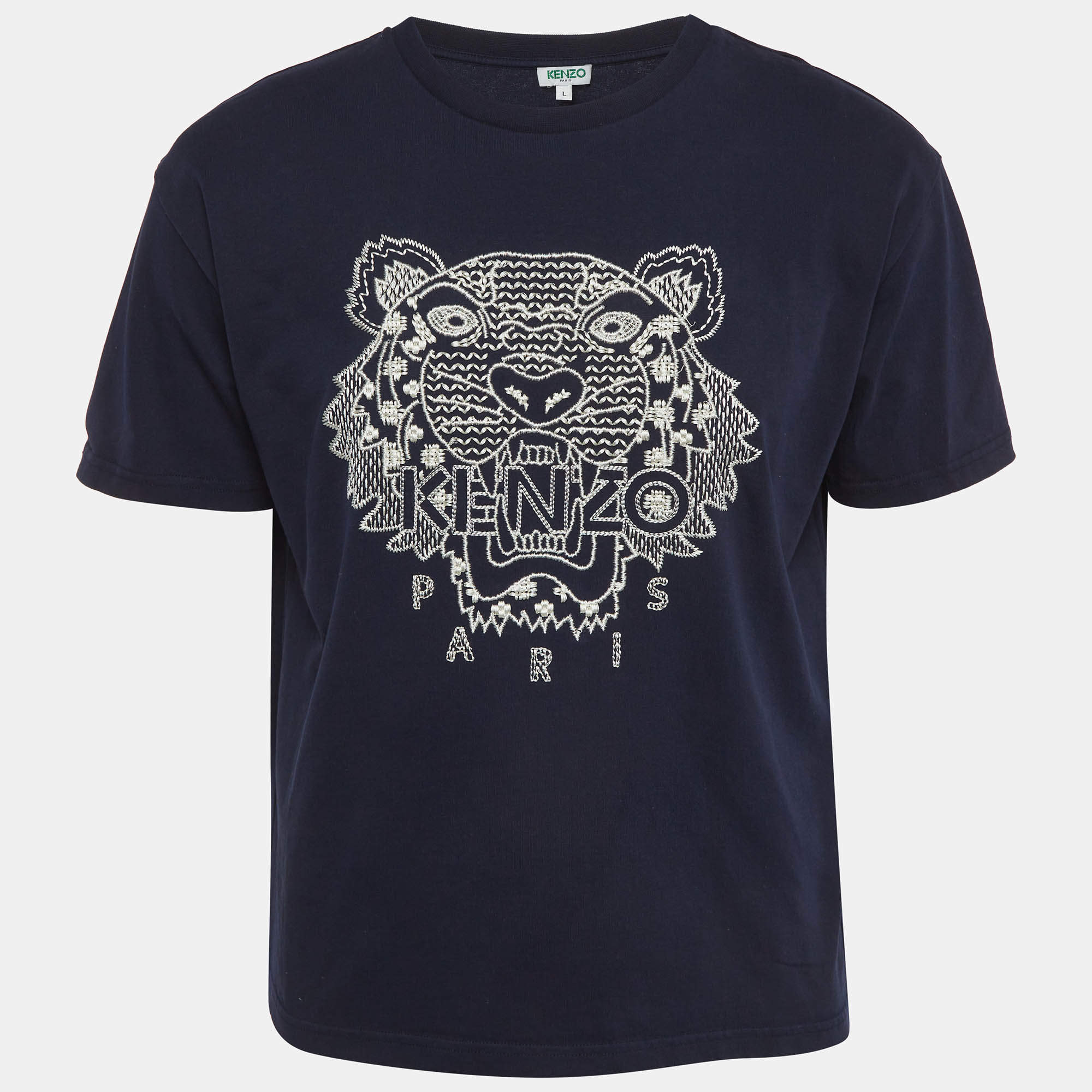 Pre Owned Kenzo Navy Blue Tiger Logo Embroidered Jersey T-Shirt L