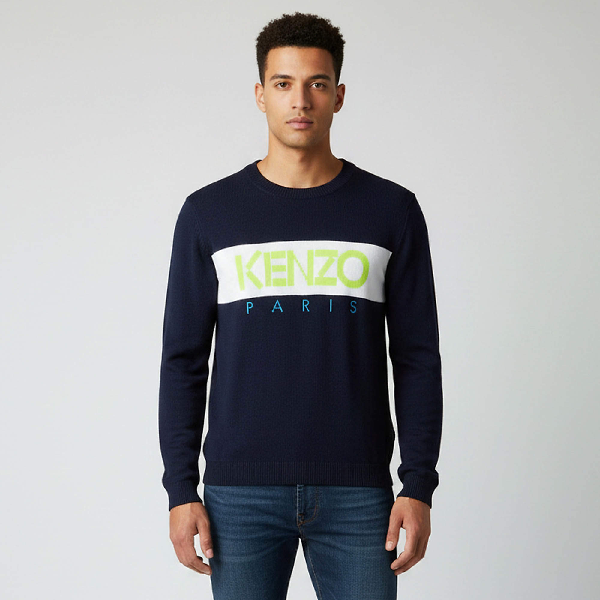 Pre Owned Kenzo Navy Blue/Neon Logo Detail Stripe Intarsia Knit Crewneck Sweater M
