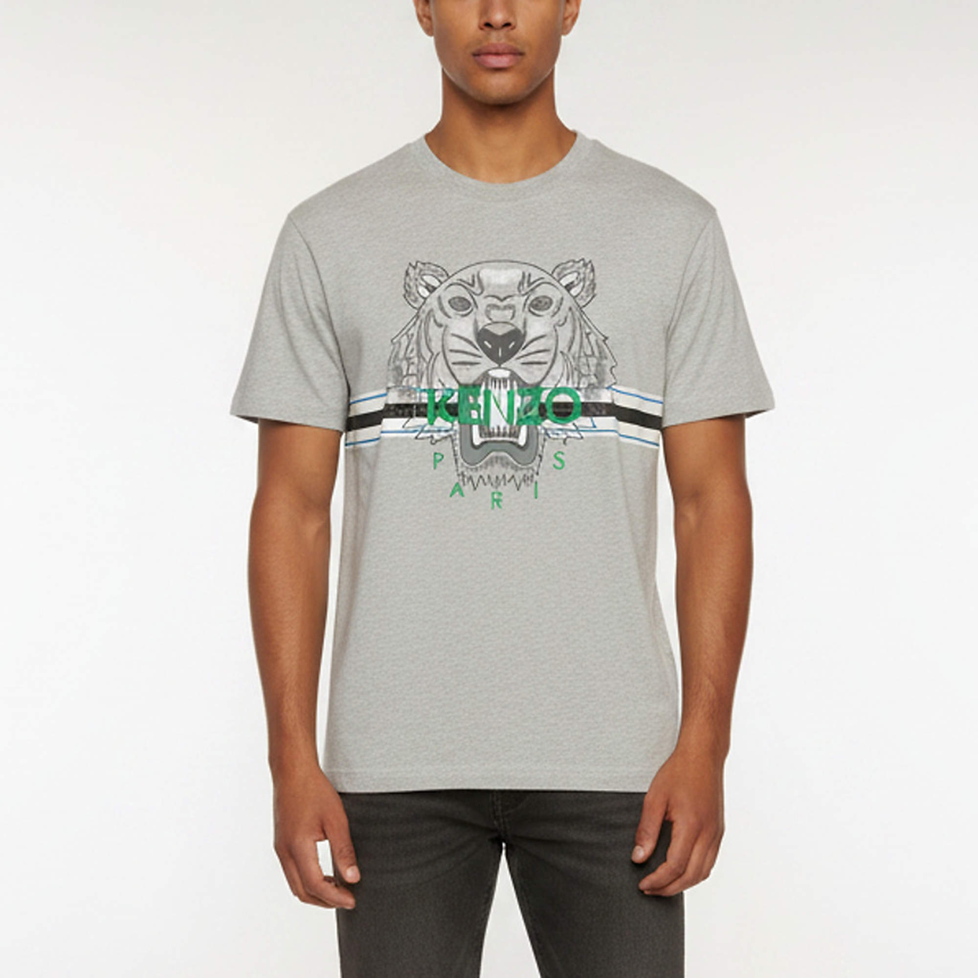 Pre Owned Kenzo Grey Logo Tiger Graphic Jersey Crewneck T-Shirt S