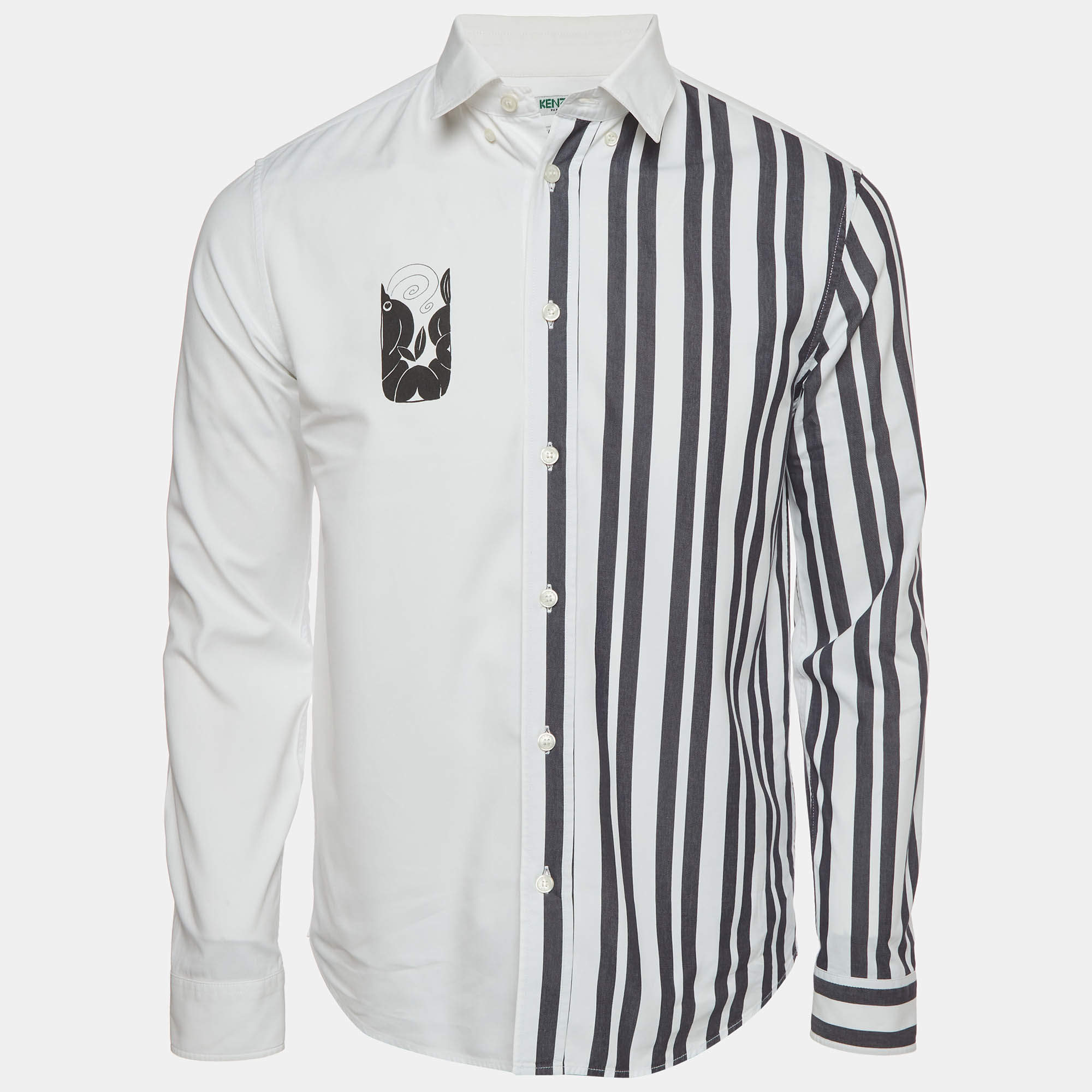 Pre Owned Kenzo White Cotton Printed Striped Button Down Shirt M 