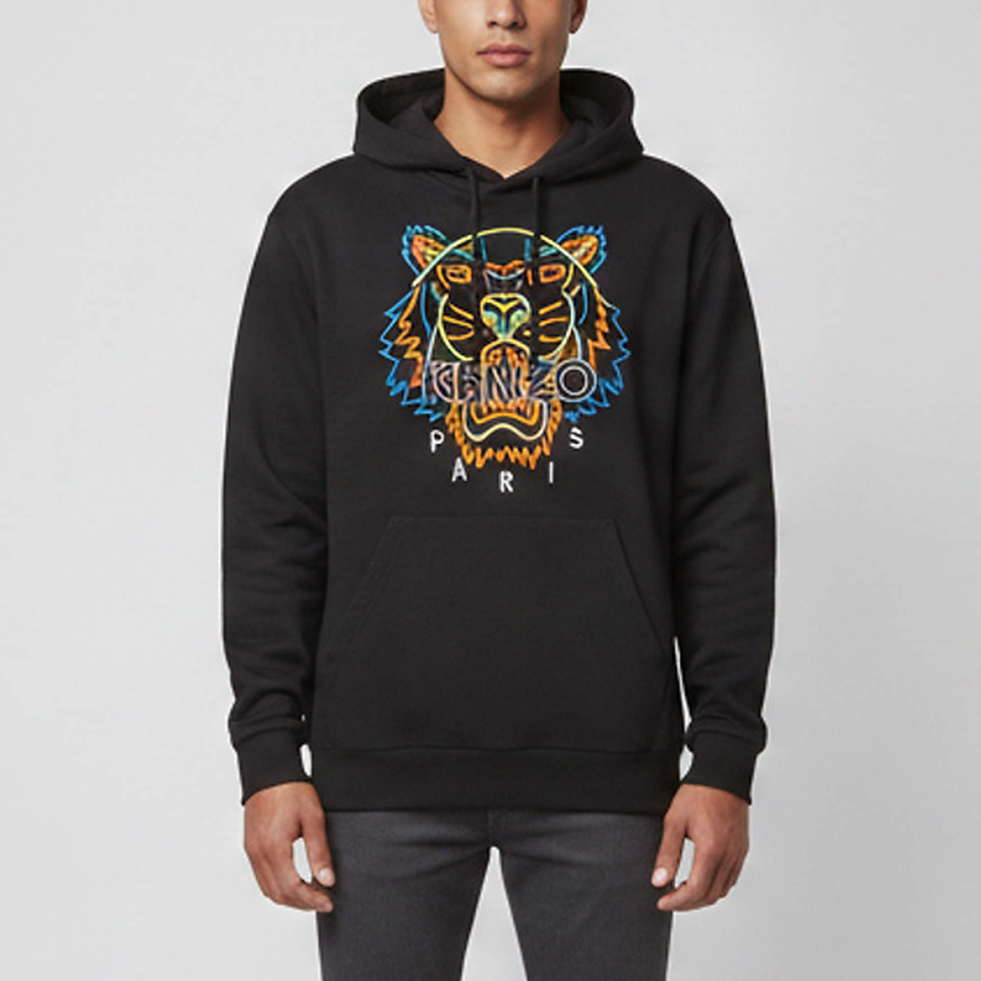 Pre Owned Kenzo Black Fluorescence Tiger Embroidered Cotton Hoodie L