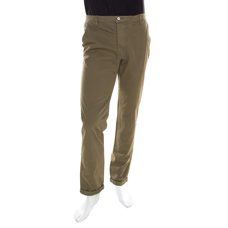 Kenzo Khaki Green Cotton Logo Embroidered Tapered Trousers S