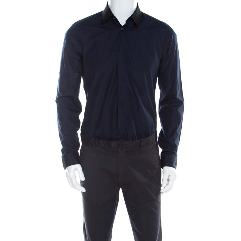 Kenzo Navy Blue Cotton Contrast Collar Slim Plus Fit Button Front Shirt L 