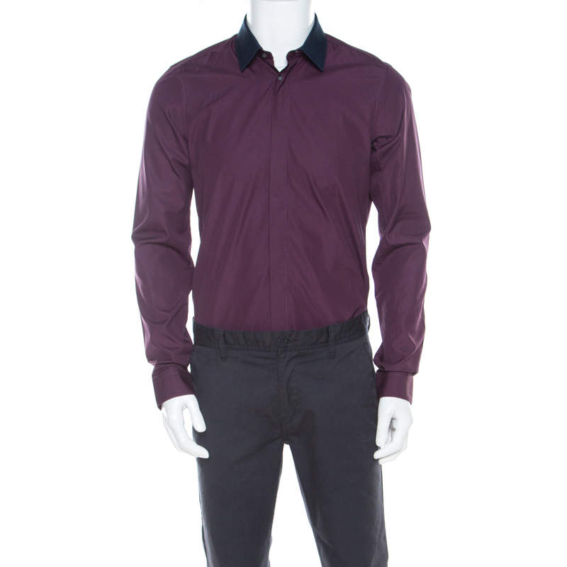 Pre Owned Kenzo Purple Cotton Contrast Collar Slim Plus Fit Button Front Shirt L