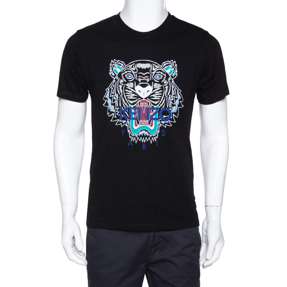 مملوكة مسبقًا تي شيرت كينز قطن أسود نقشة النمر رقبة مستديرة مقاس متوسط - ميديوم
