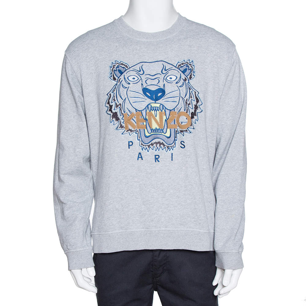 Kenzo Grey Cotton Logo Tiger Embroidered Sweatshirt XL