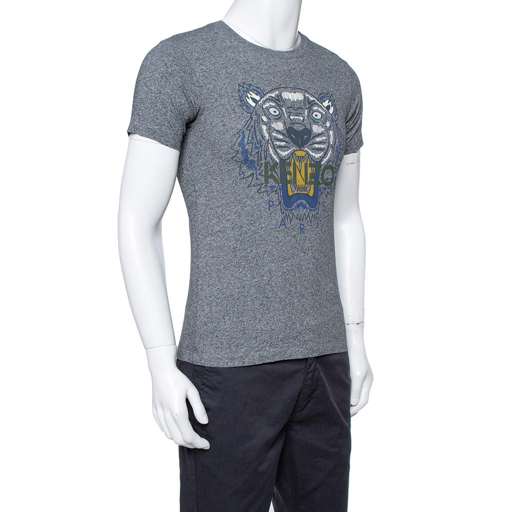 Pre Owned Kenzo Grey Cotton Tiger Print Crewneck T Shirt XS