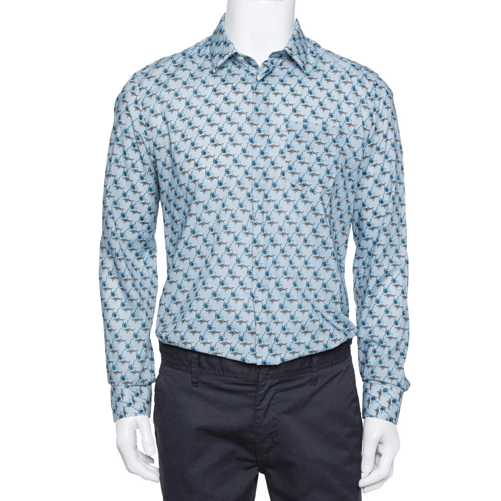 Pre Owned Kenzo Light Blue Fish Print Cotton Long Sleeve Slim Fit Shirt XL