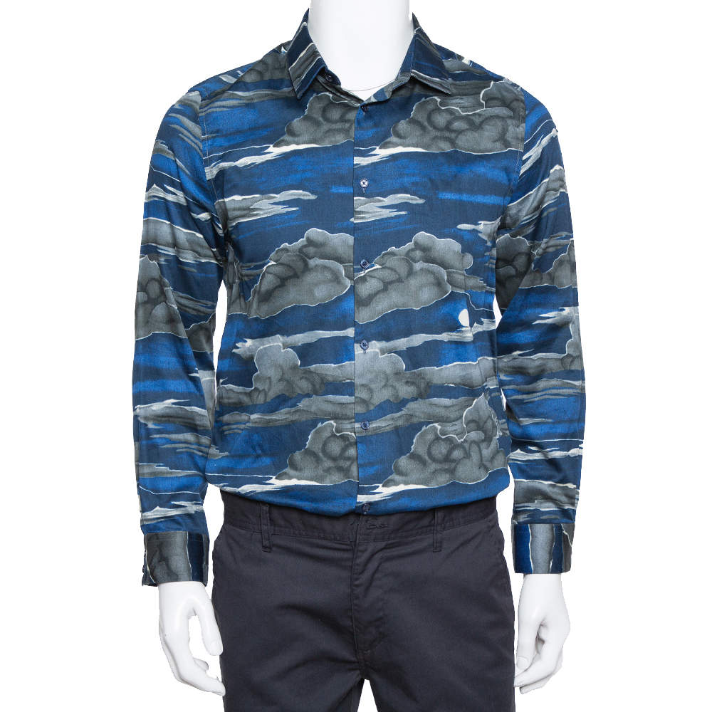 Kenzo Blue Night Cloud Print Cotton Long Sleeve Slim Fit Shirt XL