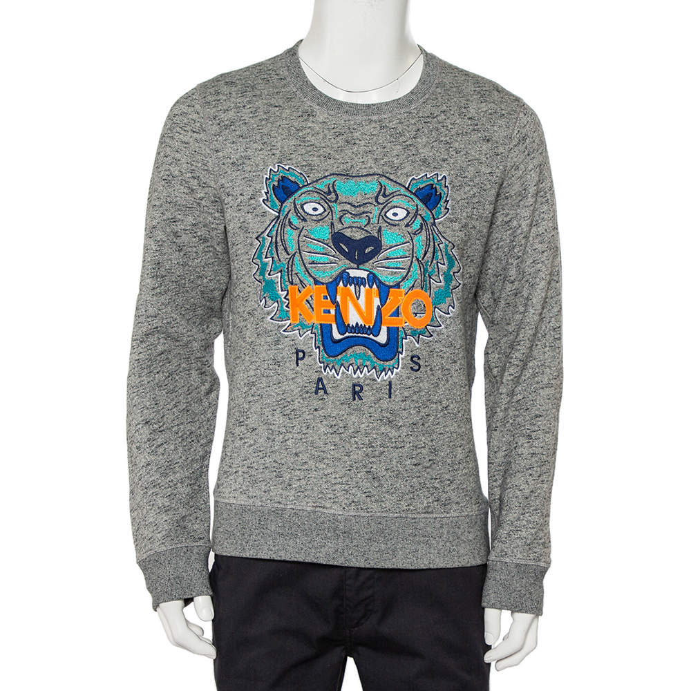 Pre Owned Kenzo Grey Cotton Tiger Embroidered Crewneck Sweatshirt L