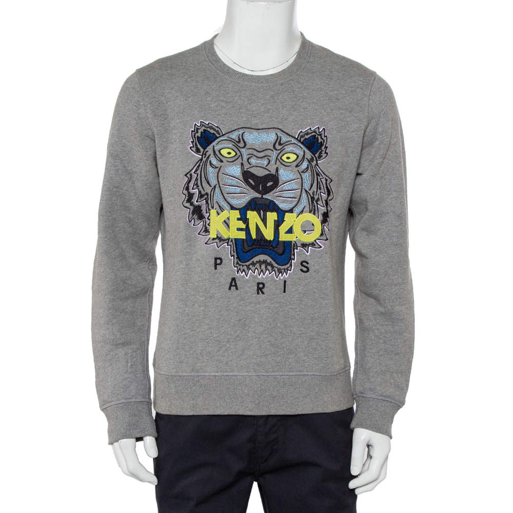 Kenzo Grey Cotton Tiger Embroidered Crewneck Sweatshirt L
