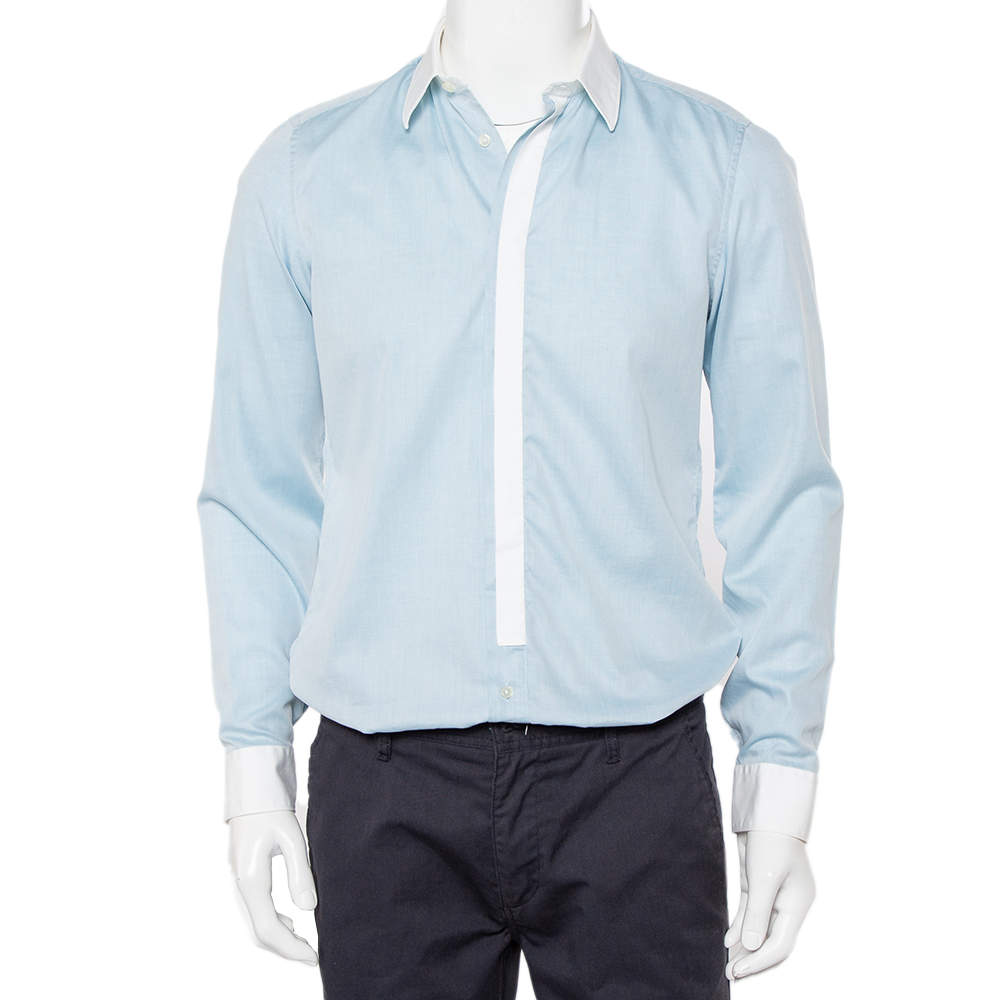 مملوكة مسبقًا قميص كينزو قطن أزرق بحواف متباينة أزرار أمامية قصة سليم مقاس متوسط - ميديوم