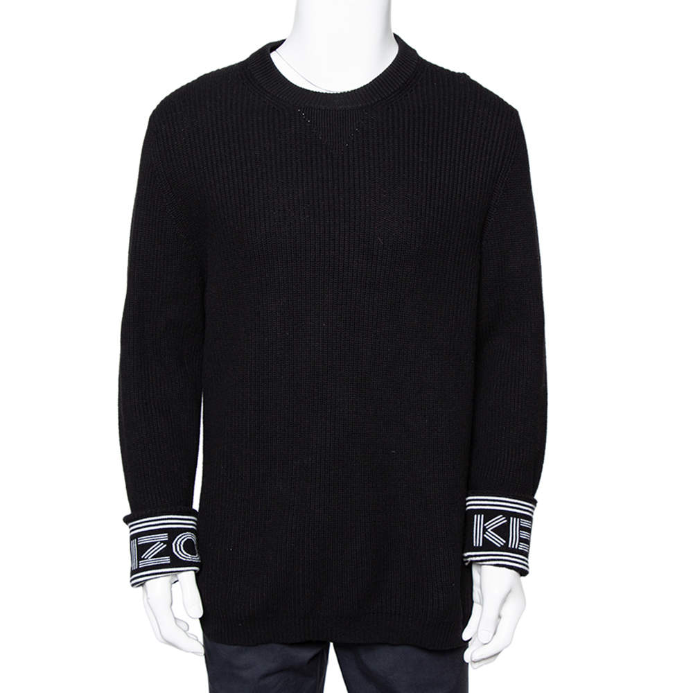 Pre Owned Kenzo Black Knit Logo Cuff Rib Sweater M
