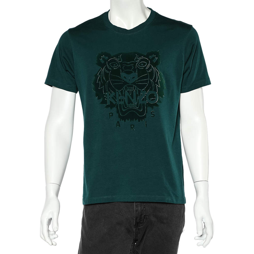 Pre Owned Kenzo Green Cotton Flocked Tiger Detail Crewneck T-Shirt L