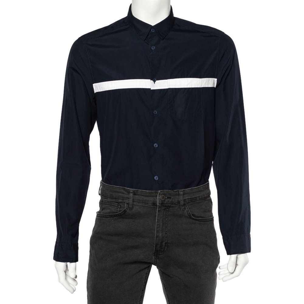 Kenzo Navy Blue Cotton Contrast Stripe Button Front Shirt M