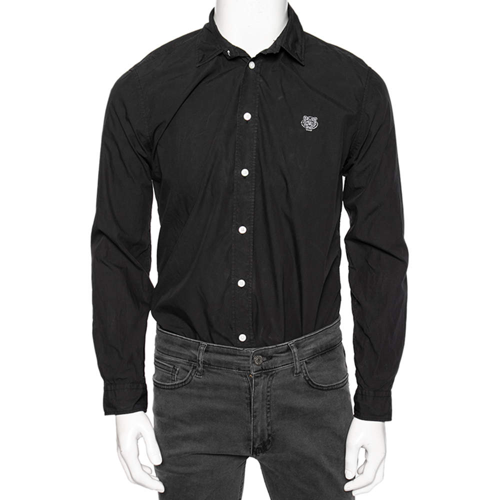 Pre Owned Kenzo Black Cotton Tiger Detailed Button Down Casual Fit Shirt M