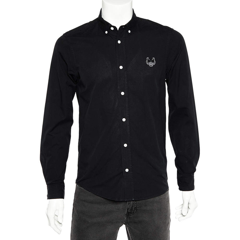 Pre Owned Kenzo Black Cotton Tiger Embroidered Casual Fit Shirt S