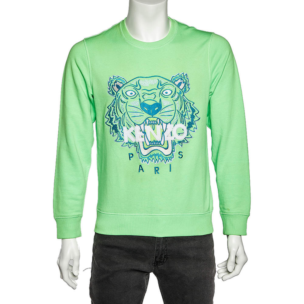 مملوكة مسبقًا سويت شيرت كينزو تريكو قطن بنقشة نمر أخضر نيون مقاس متوسط - ميديوم