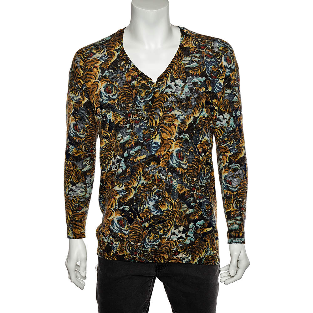 مملوكة مسبقًا Kenzo Multicolor Perforated Knit Flying Tiger Flocked V-Neck Jumper S