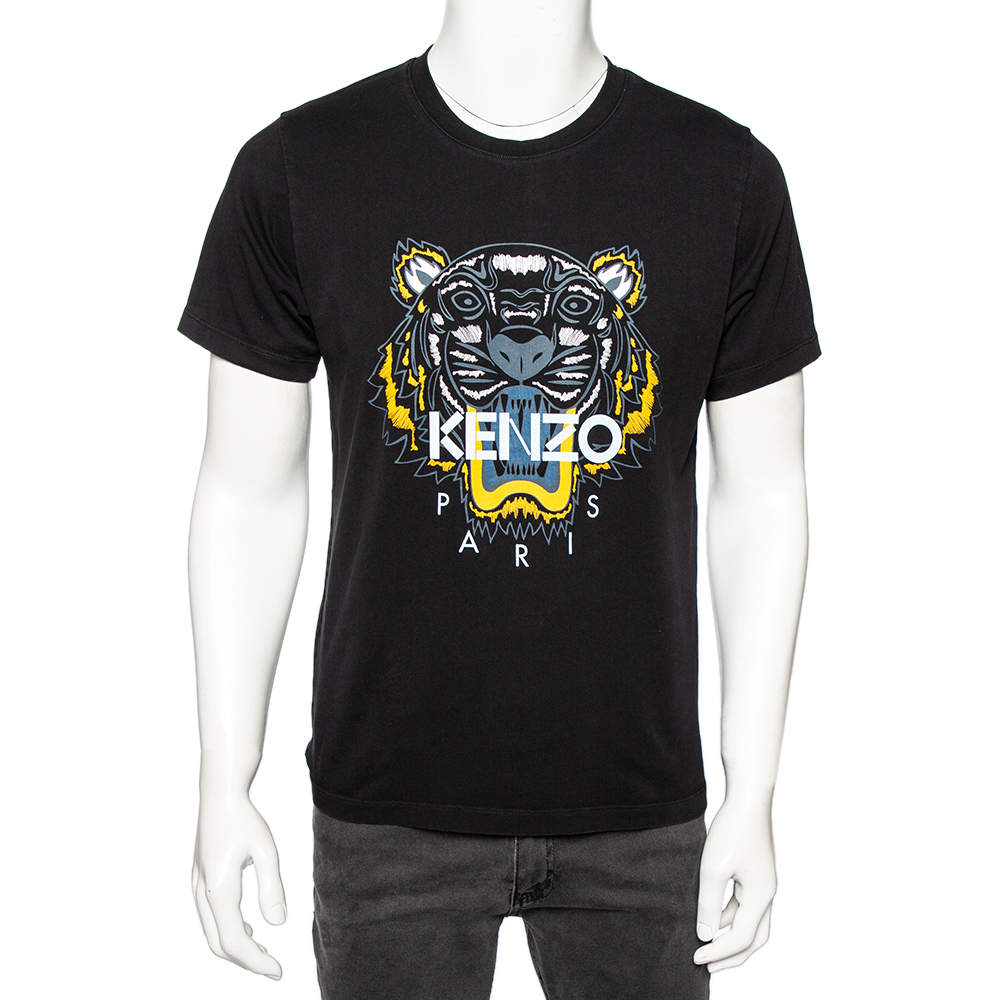 Pre Owned Kenzo Black Cotton Tiger Printed Short Sleeve Crew Neck T-Shirt L