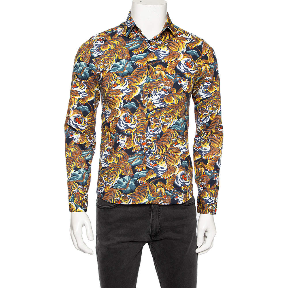 Kenzo Multicolored Flying Tiger Printed Cotton Button Front Shirt S