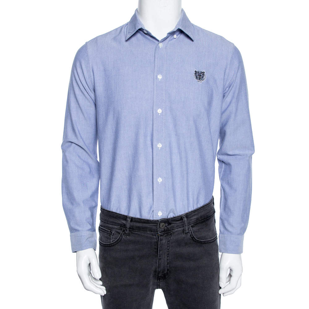 Pre Owned Kenzo Blue Cotton Tiger Detailed Button Down Casual Fit Shirt M