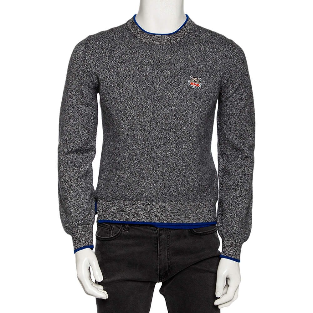 Kenzo Grey Wool Contrast Trimmed Long Sleeve Sweater M 