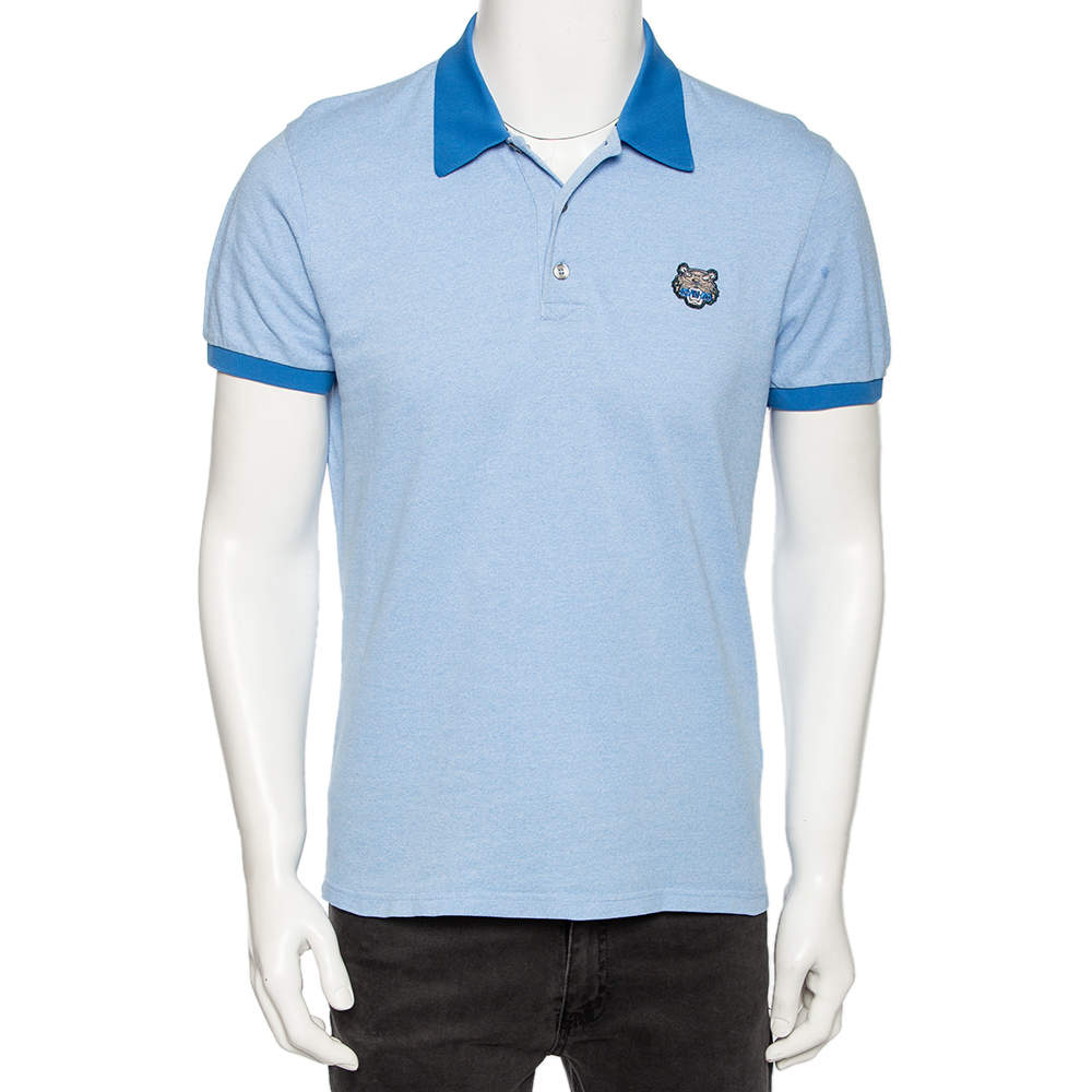 Kenzo Blue Chambray Tiger Motif Appliqued Polo T-Shirt M