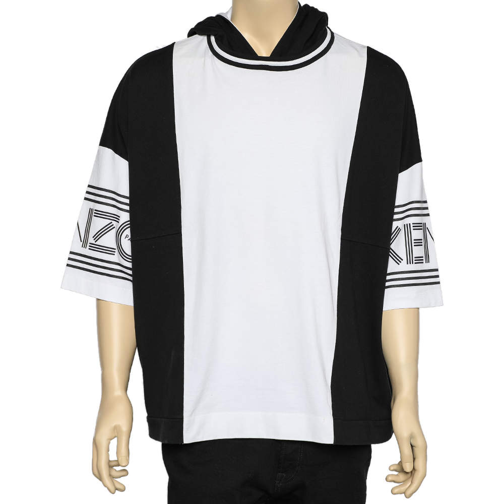 Pre Owned Kenzo Monochrome Cotton Knit Logo Printed Sleeve Hooded Oversized Sweatshirt S