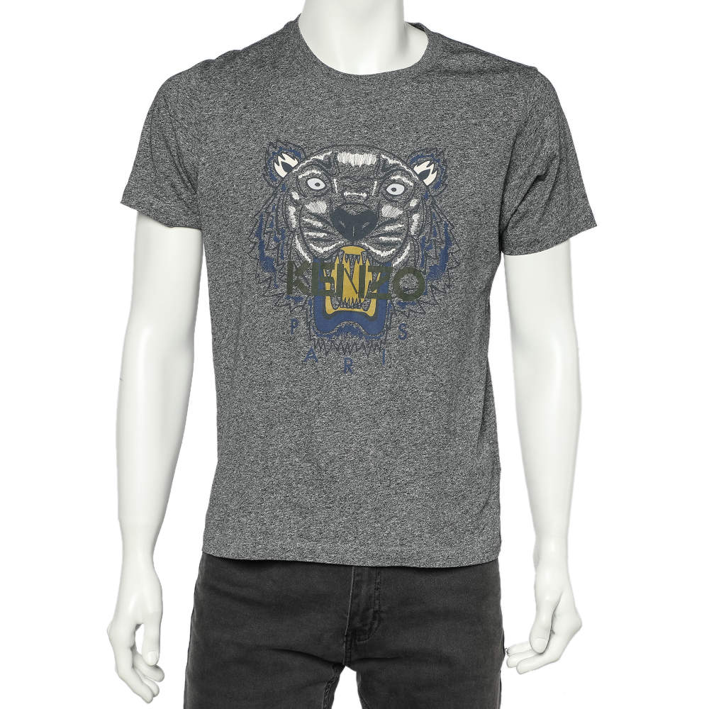 Pre Owned Kenzo Charcoal Grey Tiger Printed Cotton Knit Crewneck T-Shirt M