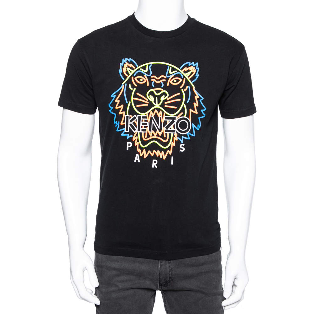Pre Owned Kenzo Black Cotton Tiger Printed Crew Neck Short Sleeve T-Shirt XS