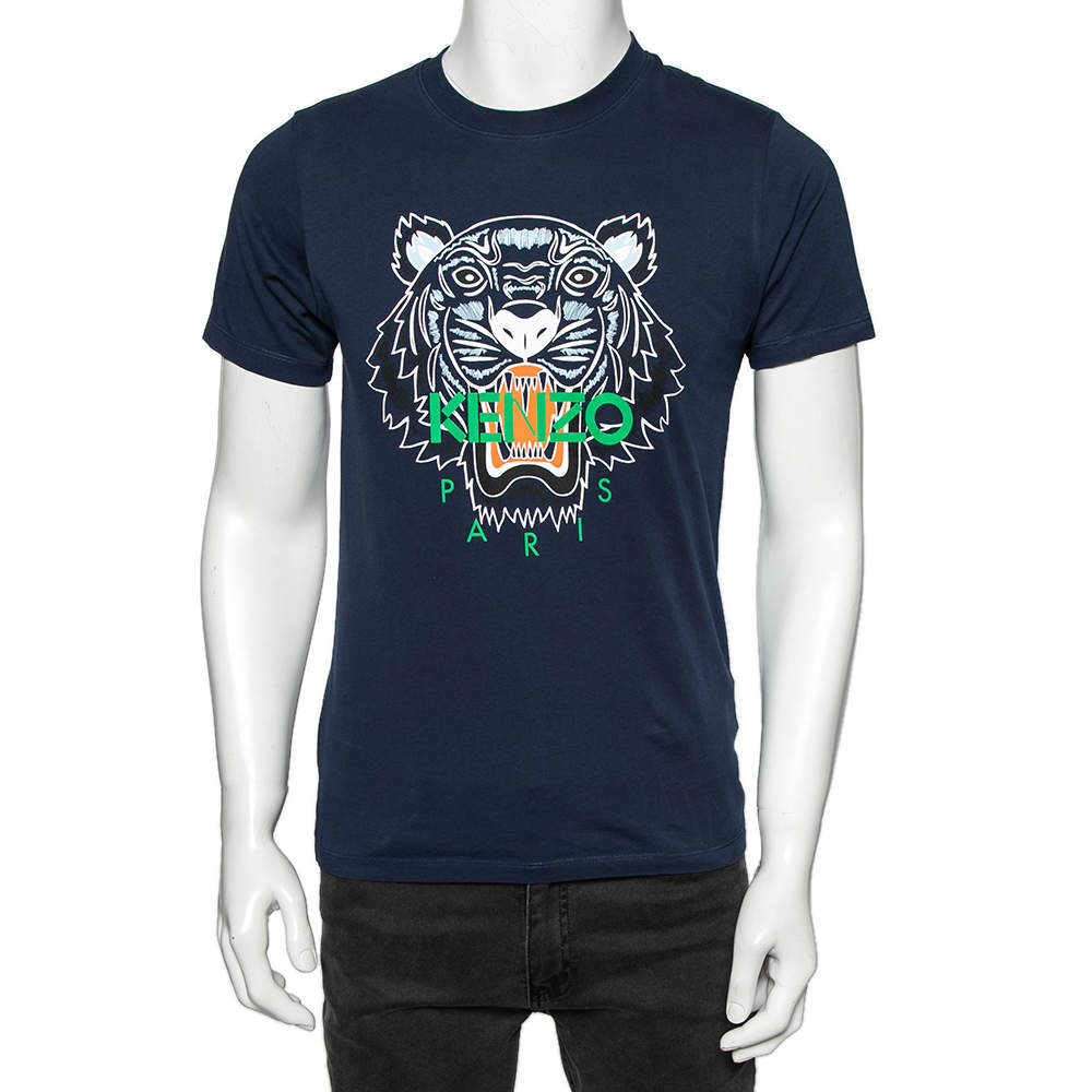 Pre Owned  Kenzo Navy Blue Tiger Printed Cotton Crew Neck Short Sleeve T-Shirt S