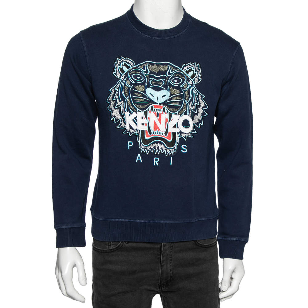 Pre Owned Kenzo Navy Blue Knit Tiger Embroidered Crew Neck Long Sleeve Sweatshirt M