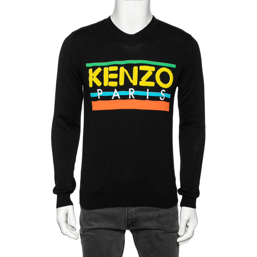 Pre Owned Kenzo Black Logo Knit Crew Neck Long Sleeve Sweater S