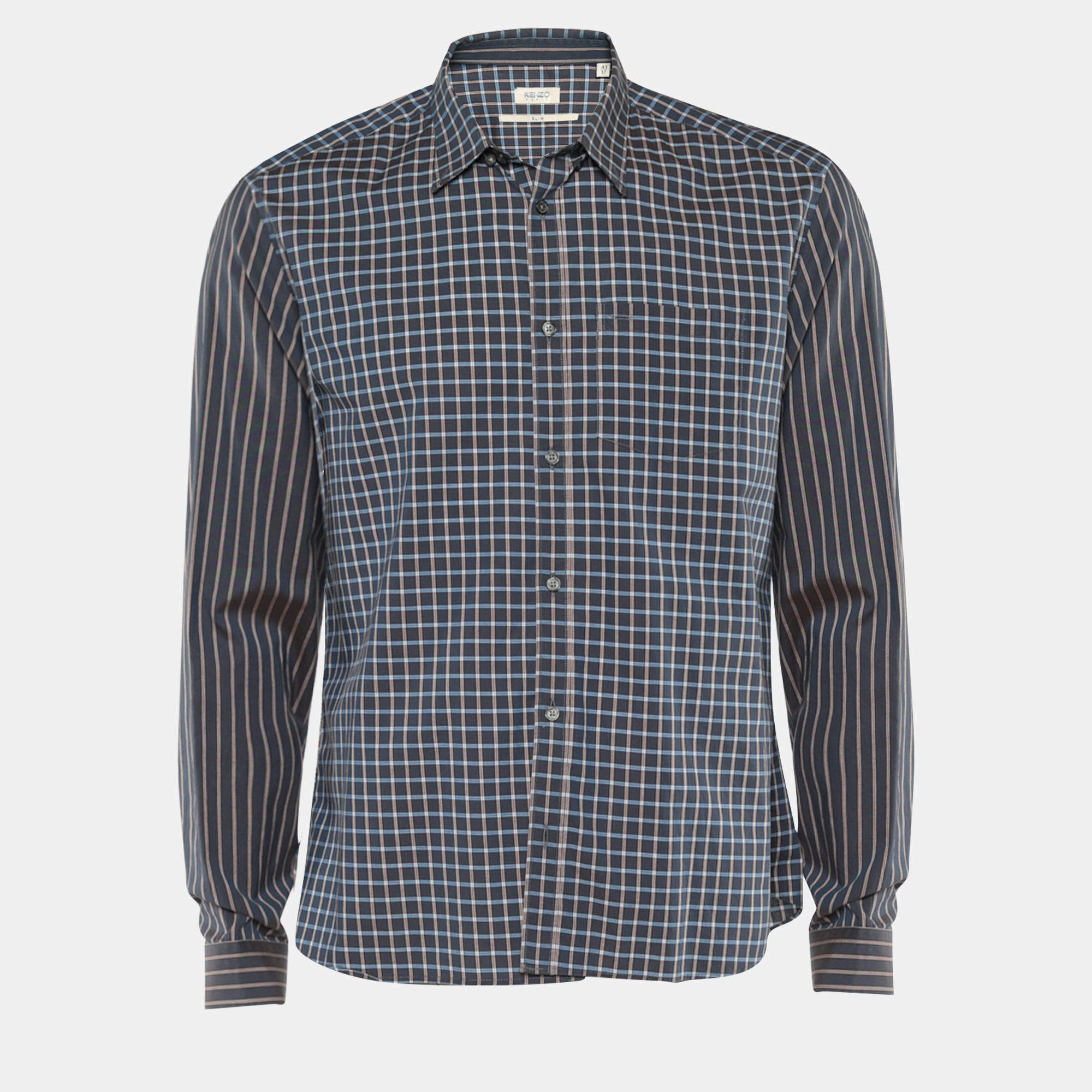 Pre Owned Kenzo Vintage Indigo Blue Cotton Checked Slim Fit Shirt XXL