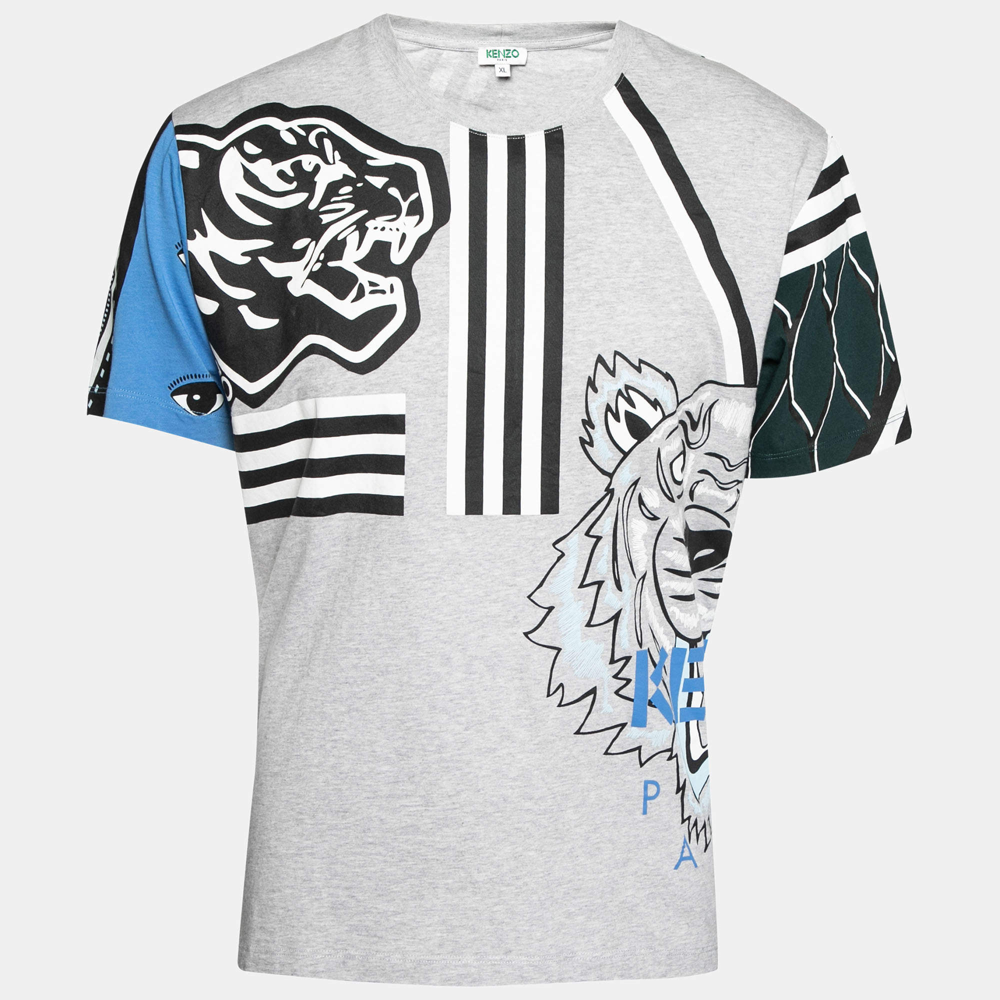 مملوكة مسبقًا تي شيرت كينزو قطن مطبوع رصاصي بأكمام قصيرة ورقبة مستديرة مقاس كبير جدًا - إكس لارج