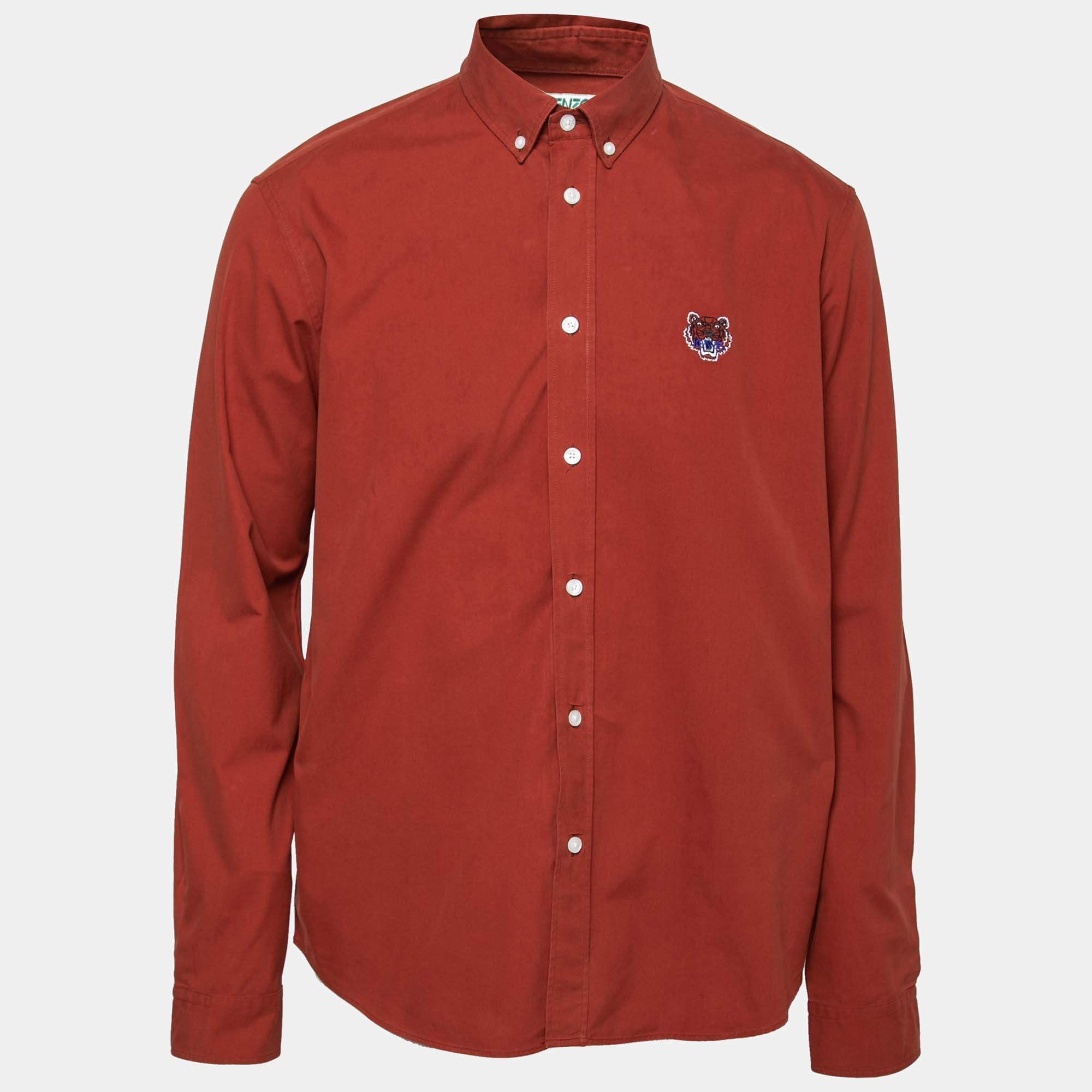 Pre Owned Kenzo Brown Cotton Tiger Embroidered Button Front Long Sleeve Shirt L