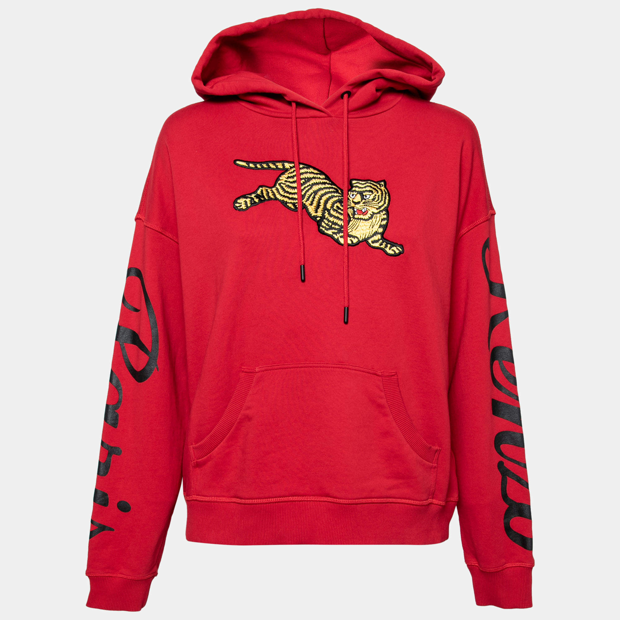 Kenzo Red Cotton Rib Knit Jumping Tiger Patch Hoodie M