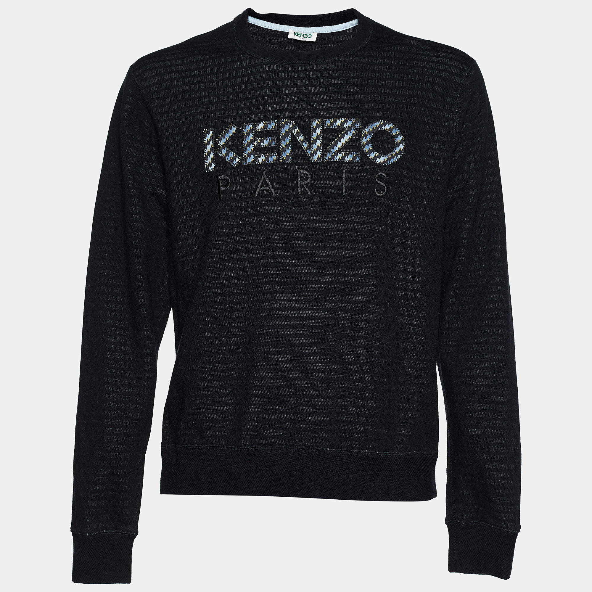 Kenzo Black Striped Pattern Cotton Logo Appliqued Sweatshirt XL