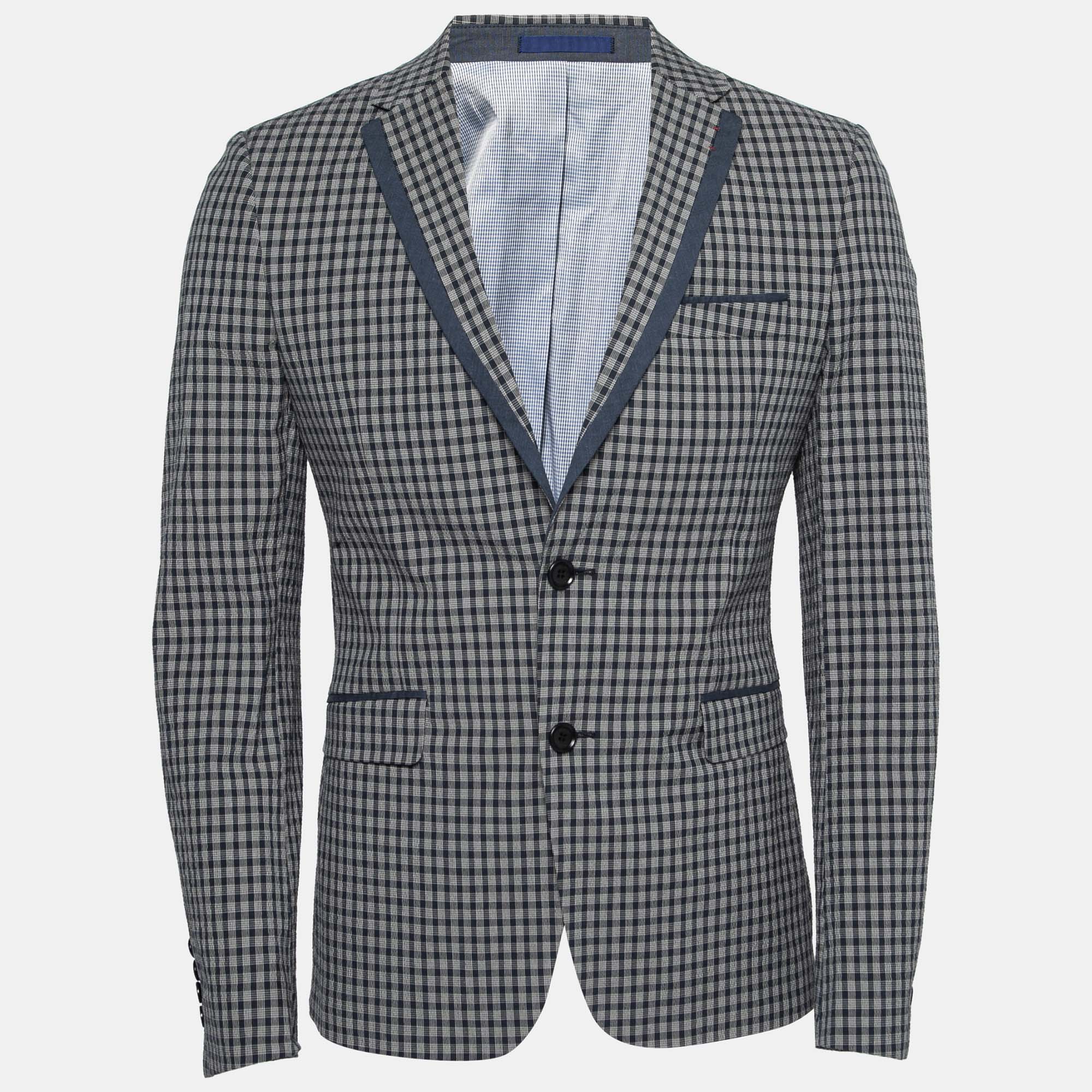 Pre Owned جاكيت بليزر كنزو قطن أزرق داكن كاروهات سي ساكر قصة سليم مقاس متوسط - ميديوم