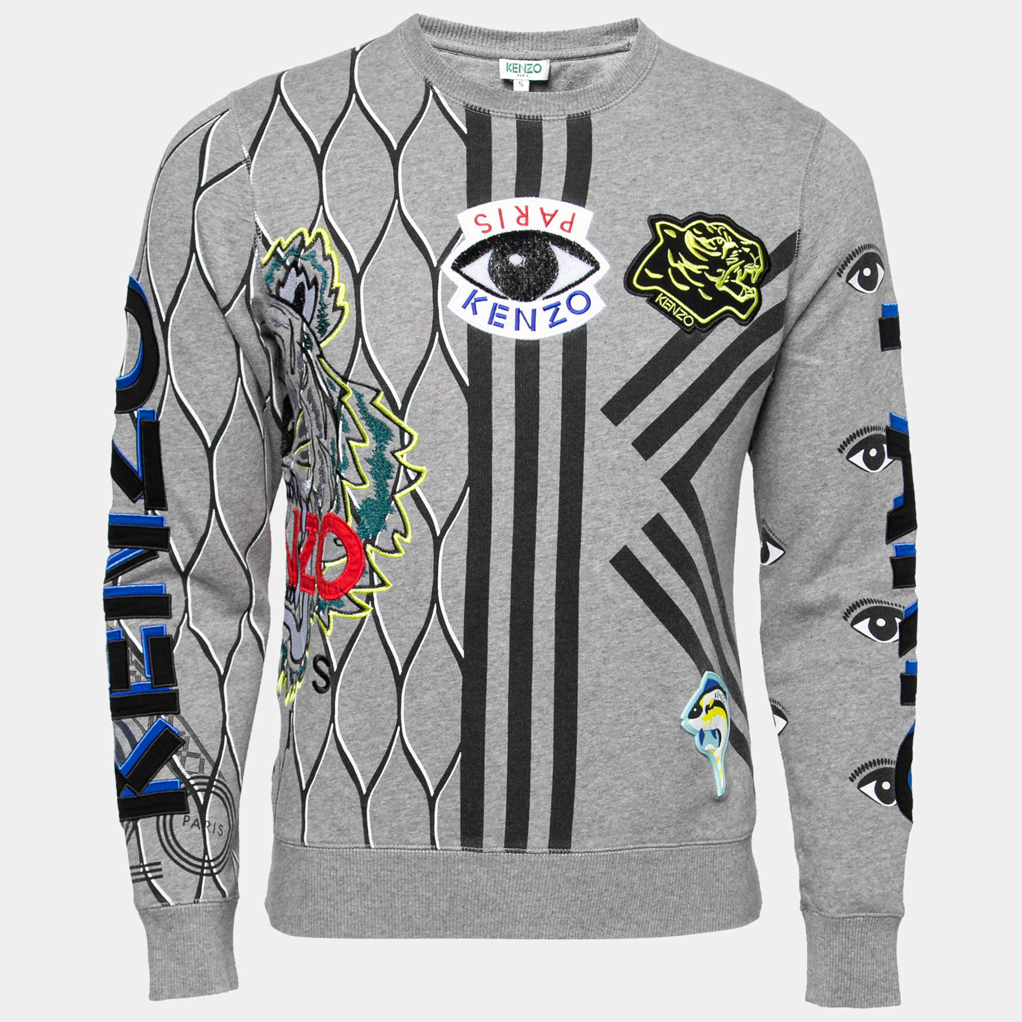 Kenzo Grey Logo Printed & Embroidered Crewneck Sweatshirt S