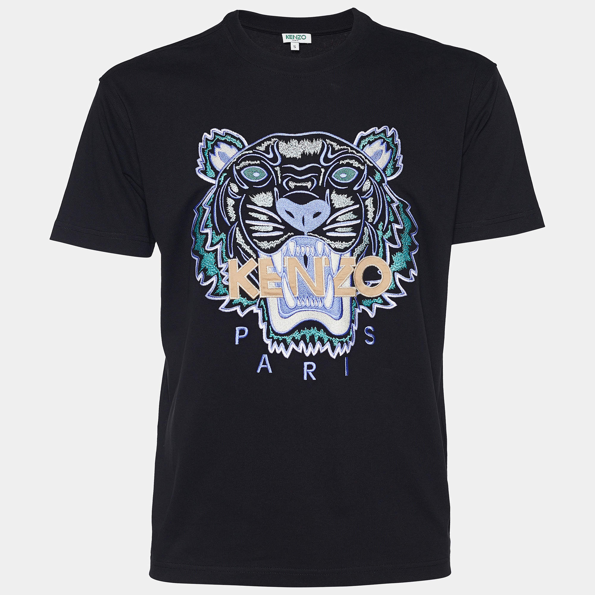 Pre Owned Kenzo Black Tiger Embroidered Cotton Knit T-shirt S