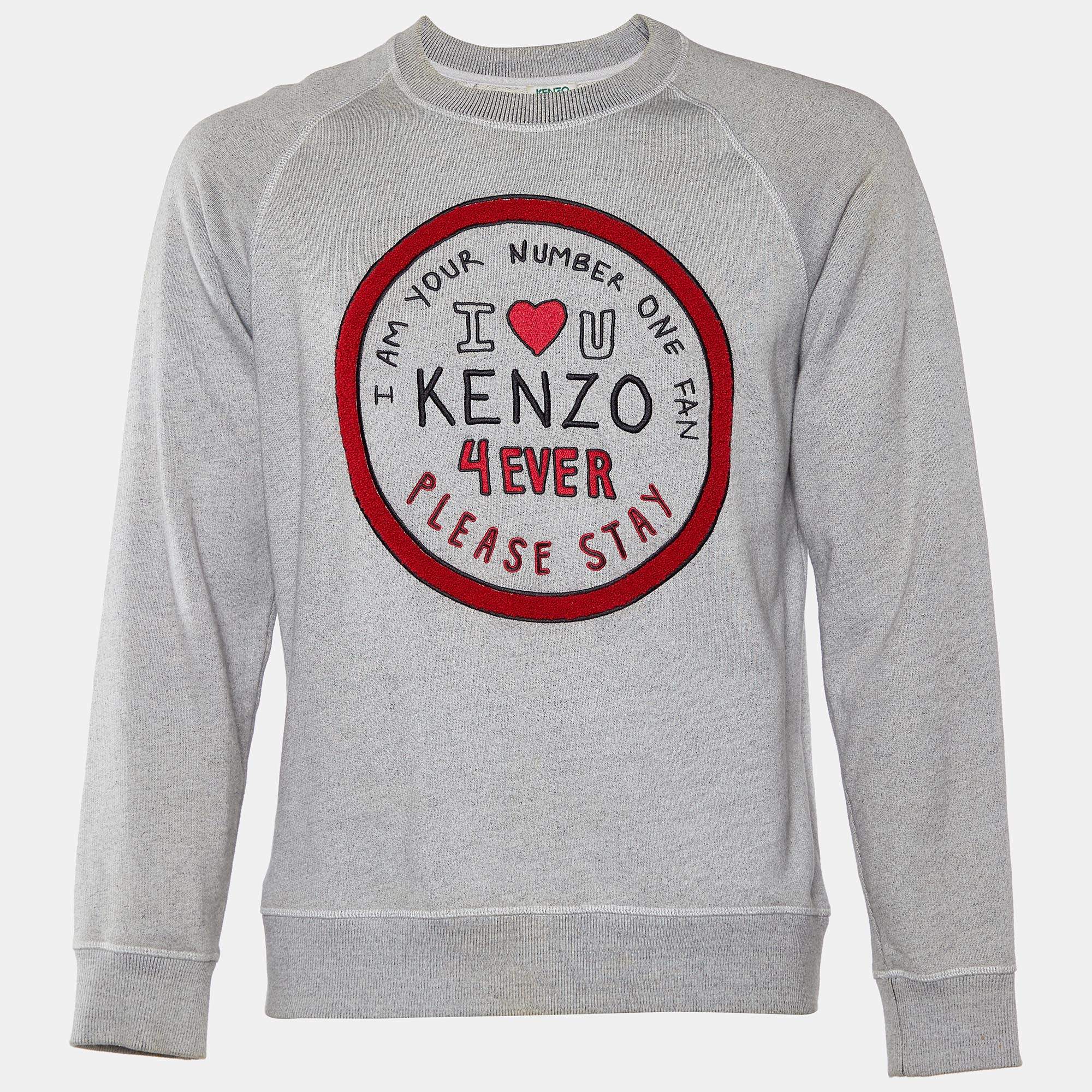 Pre Owned Kenzo Grey Cotton Knit I Love U Embroidered Sweatshirt M