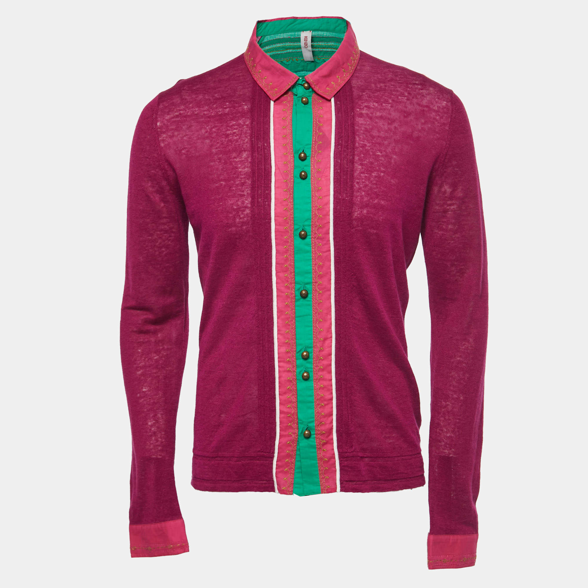 Pre Owned Kenzo Purple/Green Cotton Knit Embroidered Panel Button Front Shirt M