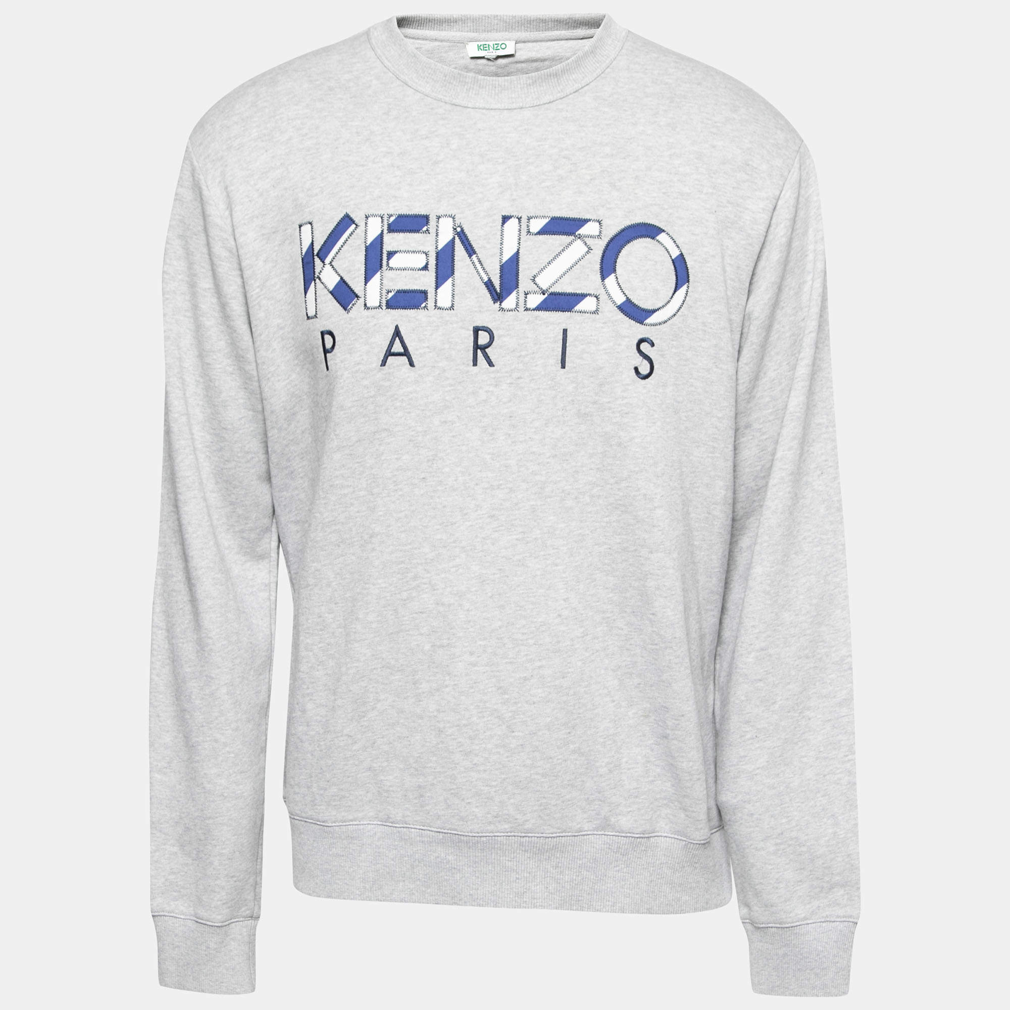 Pre Owned Kenzo Grey Logo Embroidered Cotton Knit Crew Neck Sweatshirt L