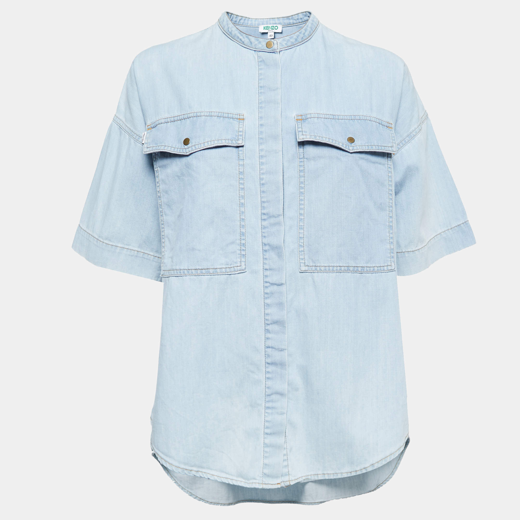 Pre Owned Kenzo Blue Denim Round Neck Short Sleeve Shirt M