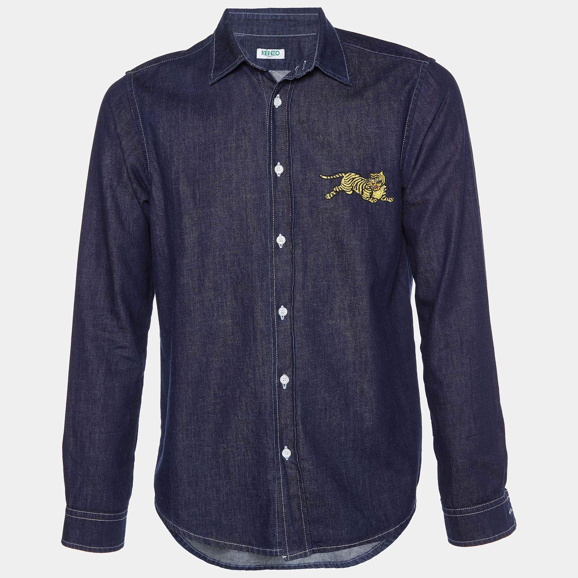 Pre Owned Kenzo Navy Blue Denim Jumping Tiger Embroidered Button Front Shirt M
