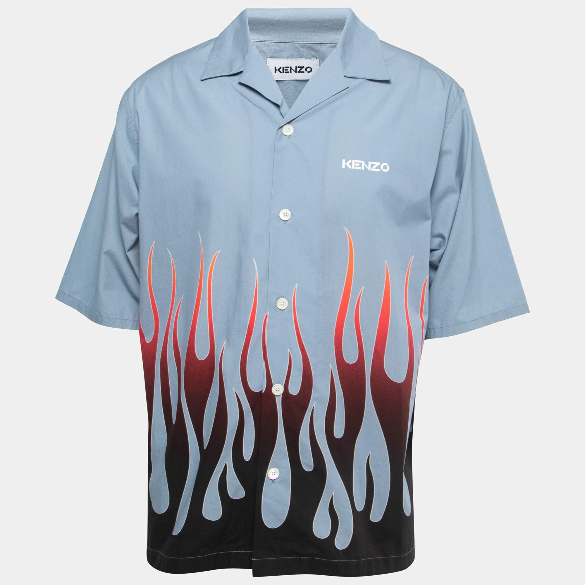 Pre Owned Kenzo Slate Blue Flame Print Cotton Short Sleeve Bowling Shirt L
