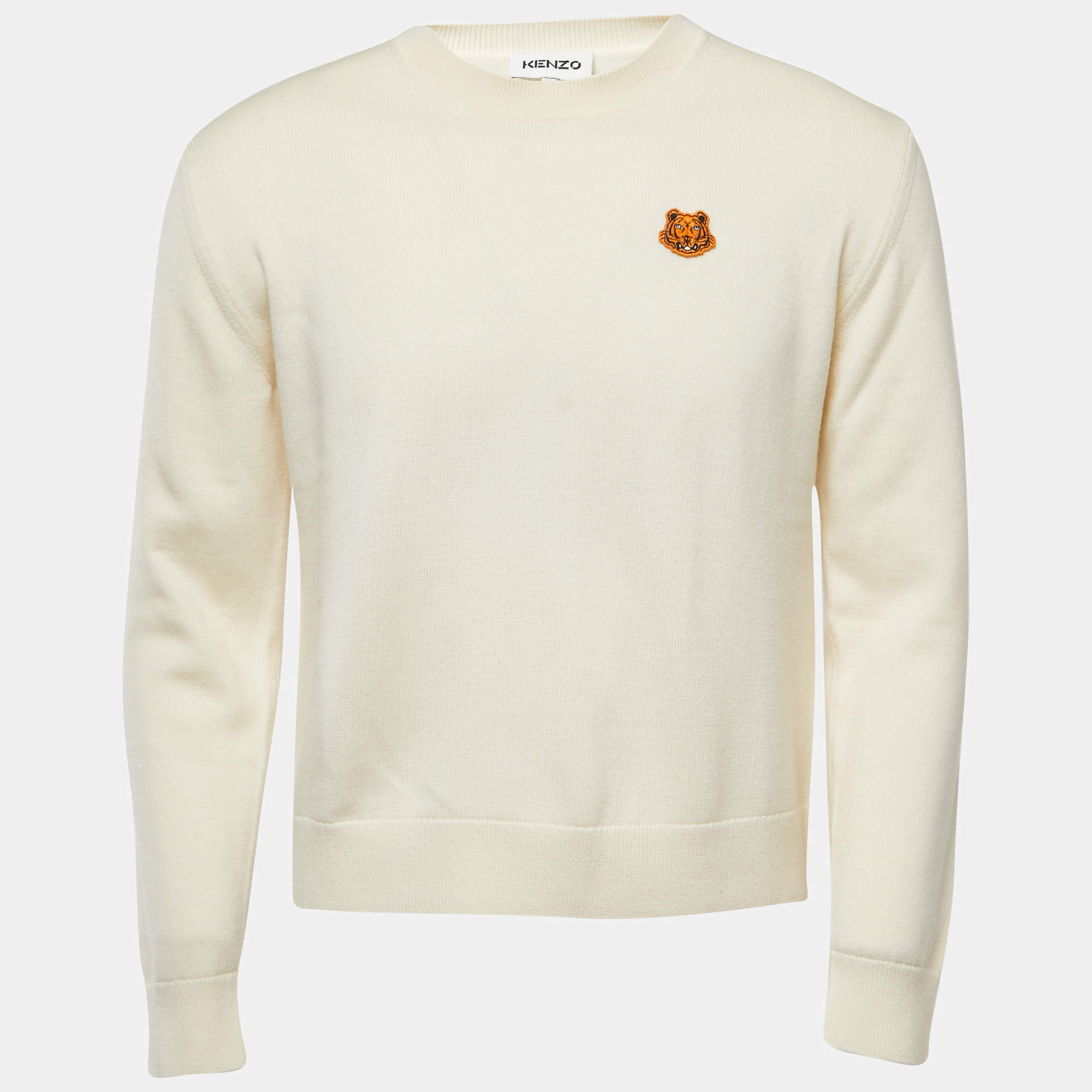 Pre Owned Kenzo Cream Tiger Patch Wool Crew Neck Sweater L